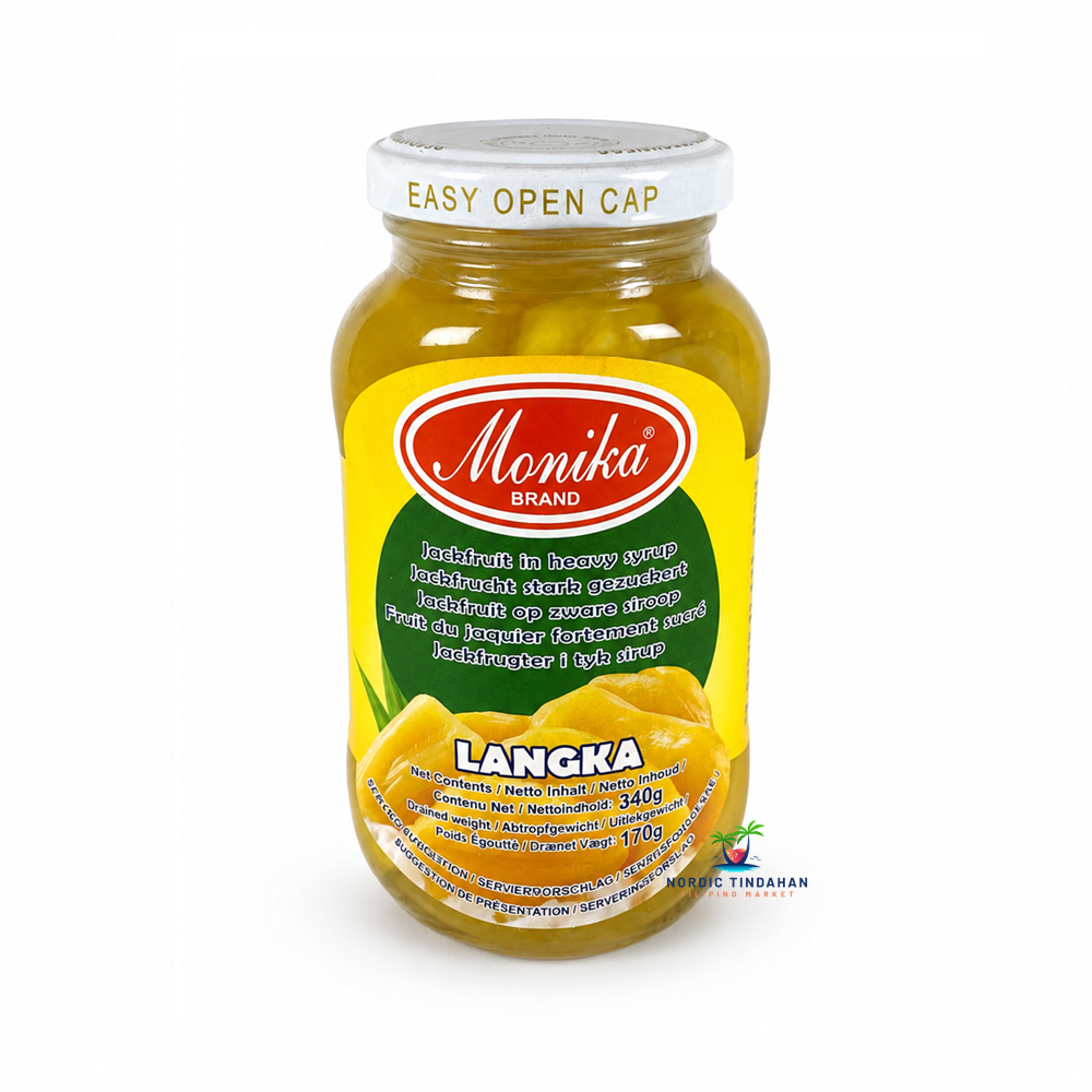 Enjoy the tropical sweetness of Monika Langka Jackfruit in Heavy Syrup 340g. Made from ripe jackfruit preserved in rich syrup, this popular Filipino dessert ingredient is perfect for halo-halo, fruit salads, ice cream, cakes, pastries, and other traditional treats. Ready to use and packed with authentic jackfruit flavor.