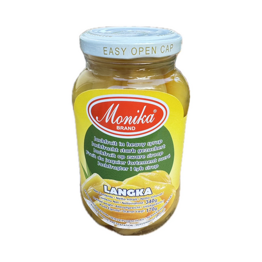 Monika Langka Sweet Jackfruit in Heavy Syrup 340g jar – deliciously sweet jackfruit pieces preserved in rich syrup, perfect for Filipino desserts.