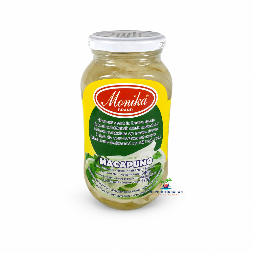 Enjoy the rich sweetness and unique texture of Monika Macapuno Coconut Sport in Heavy Syrup 340g. Made from sweetened macapuno coconut strings preserved in syrup, this popular Filipino dessert ingredient is perfect for halo-halo, ice cream, cakes, pastries, fruit salads, and other traditional sweets. A delicious tropical treat for authentic Filipino desserts.