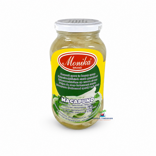 Enjoy the rich sweetness and unique texture of Monika Macapuno Coconut Sport in Heavy Syrup 340g. Made from sweetened macapuno coconut strings preserved in syrup, this popular Filipino dessert ingredient is perfect for halo-halo, ice cream, cakes, pastries, fruit salads, and other traditional sweets. A delicious tropical treat for authentic Filipino desserts.