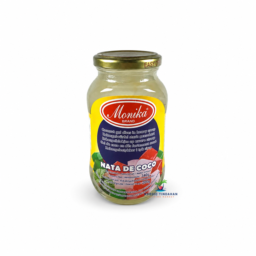 Enjoy the sweet, chewy texture of Monika Nata de Coco 340g. Made from coconut gel cubes preserved in heavy syrup, this versatile ingredient is perfect for fruit salads, halo-halo, desserts, bubble tea, and refreshing drinks. A delicious tropical treat that adds texture and sweetness to your favorite recipes.
