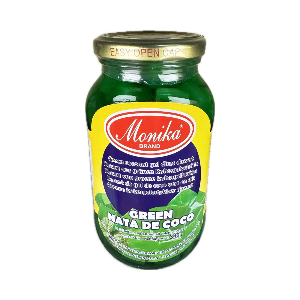 Monika Nata de Coco Green 340g jar, sweet and chewy coconut gel perfect for desserts, drinks, and fruit salads