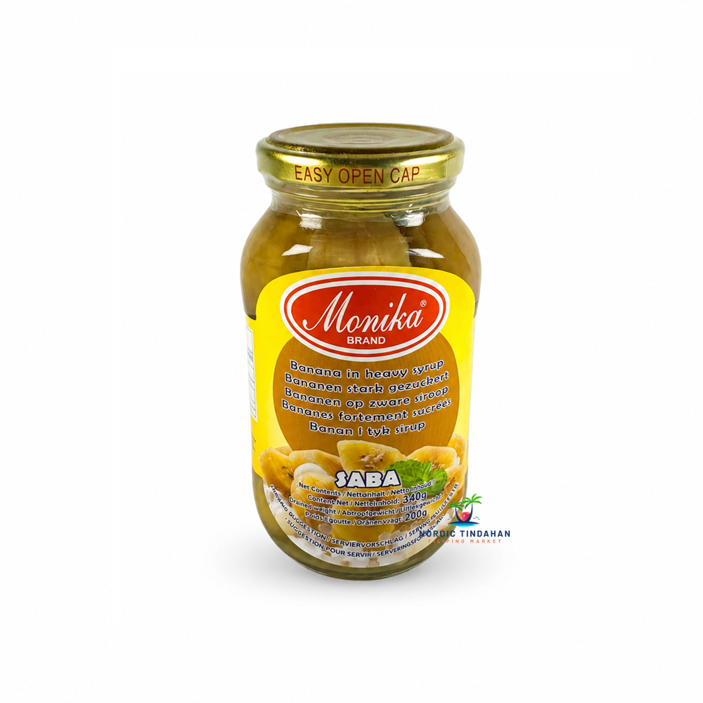 Enjoy the rich, sweet taste of Monika Saba Bananas in Heavy Syrup 340g. Tender saba banana slices preserved in a thick syrup, perfect for Filipino desserts such as halo-halo, ice cream, fruit salads, pastries, or as a delicious sweet treat on their own.