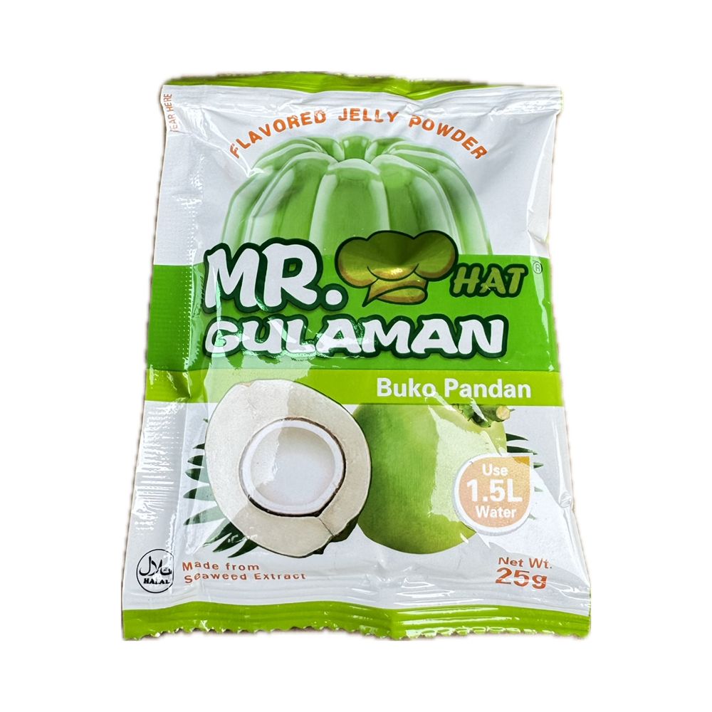Mr. Gulaman Buco Pandan 25g - instant gelatin mix with pandan flavor for making Filipino desserts like gulaman and jelly drinks.