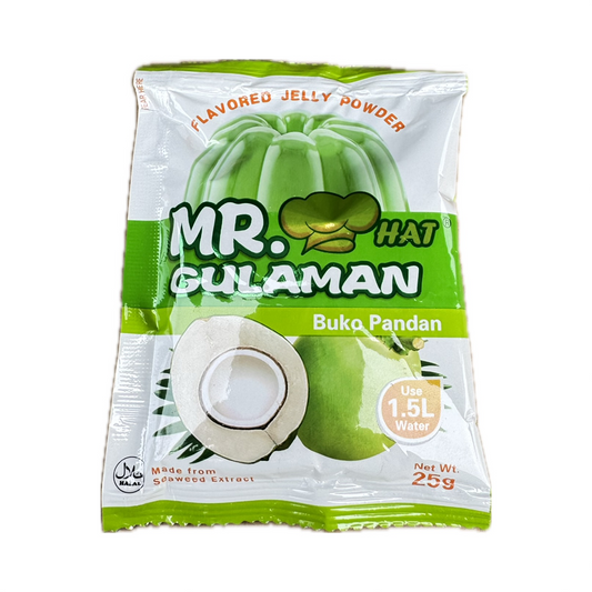 Mr. Gulaman Buco Pandan 25g - instant gelatin mix with pandan flavor for making Filipino desserts like gulaman and jelly drinks.