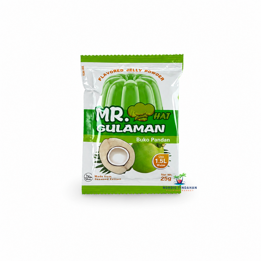 Make delicious Filipino-style jelly desserts with Mr. Hat Gulaman Buko Pandan Jelly Powder 25g. This flavored jelly mix combines the refreshing taste of buko pandan with seaweed-based jelly powder, creating a smooth and firm dessert that's perfect for halo-halo, fruit salads, or enjoyed on its own. One pack makes up to 1.5 liters of jelly.