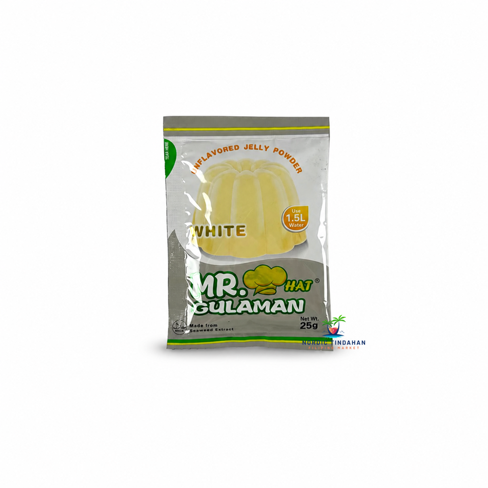 Make smooth and refreshing homemade jelly with Mr. Hat Gulaman White Unflavored Jelly Powder 25g. Made from seaweed extract, this unflavored gulaman powder is perfect for creating traditional Filipino desserts, fruit salads, beverages, and other sweet treats. Easy to prepare and ideal for a variety of recipes.