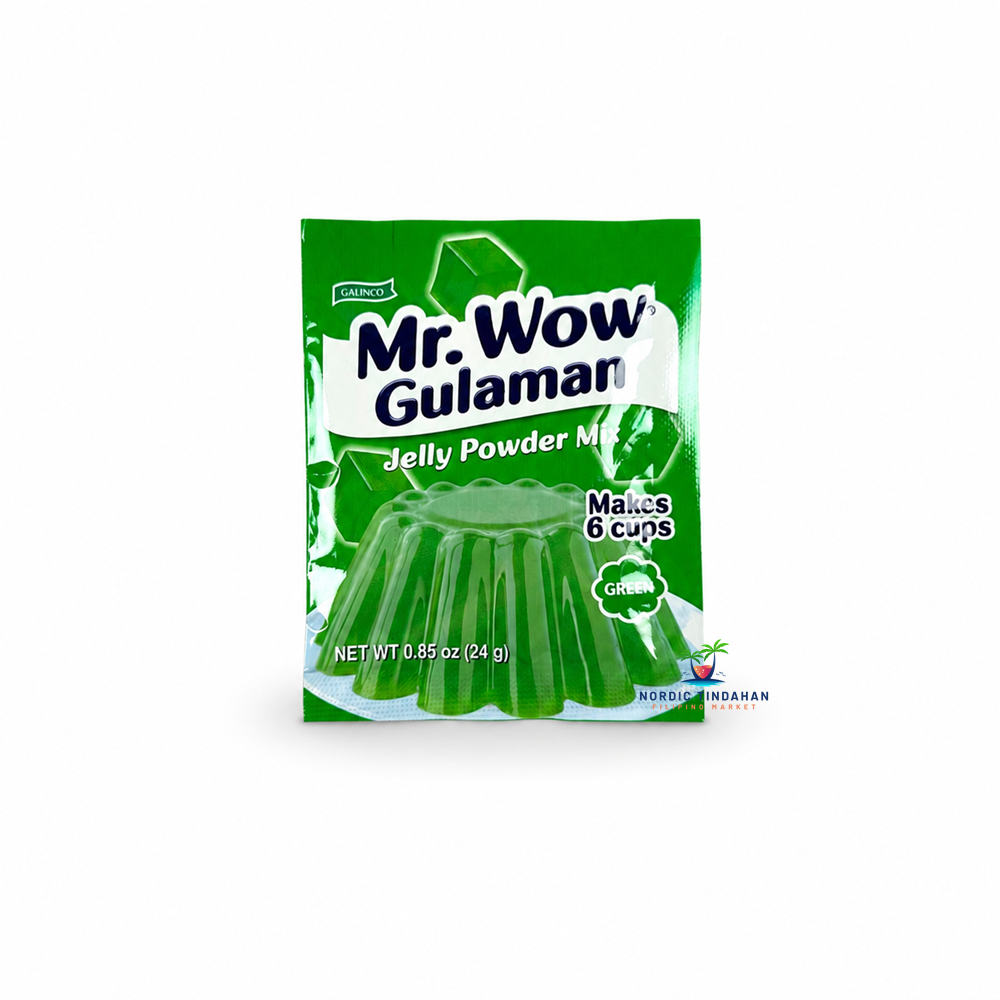 Create delicious Filipino-style jelly desserts with Mr. Wow Gulaman Jelly Powder Mix Green 24g. This easy-to-use jelly mix makes up to 6 cups of smooth, firm green gulaman, perfect for halo-halo, fruit salads, party desserts, or enjoyed on its own. A quick and convenient way to prepare a refreshing classic dessert.