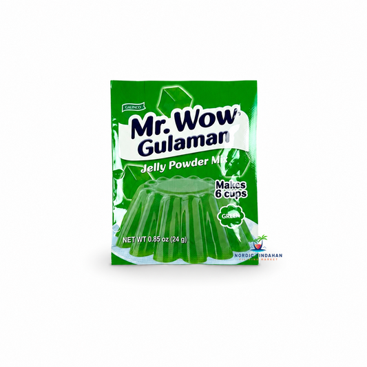 Create delicious Filipino-style jelly desserts with Mr. Wow Gulaman Jelly Powder Mix Green 24g. This easy-to-use jelly mix makes up to 6 cups of smooth, firm green gulaman, perfect for halo-halo, fruit salads, party desserts, or enjoyed on its own. A quick and convenient way to prepare a refreshing classic dessert.