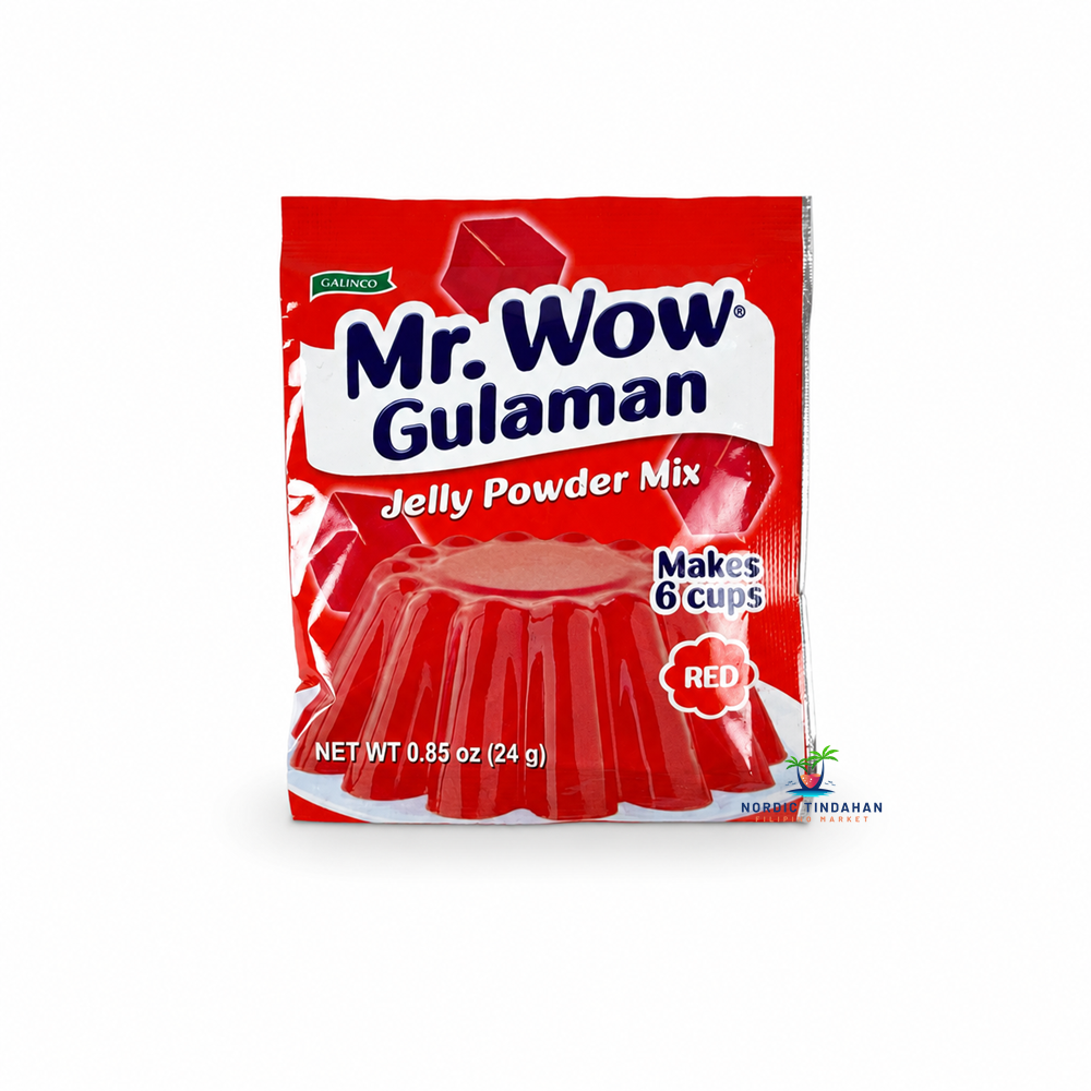 Prepare vibrant Filipino-style jelly desserts with Mr. Wow Gulaman Jelly Powder Mix Red 24g. This easy-to-use jelly mix makes up to 6 cups of smooth, firm red gulaman, ideal for halo-halo, fruit salads, party desserts, or enjoyed as a refreshing treat on its own. A quick and convenient way to make a colorful classic dessert.