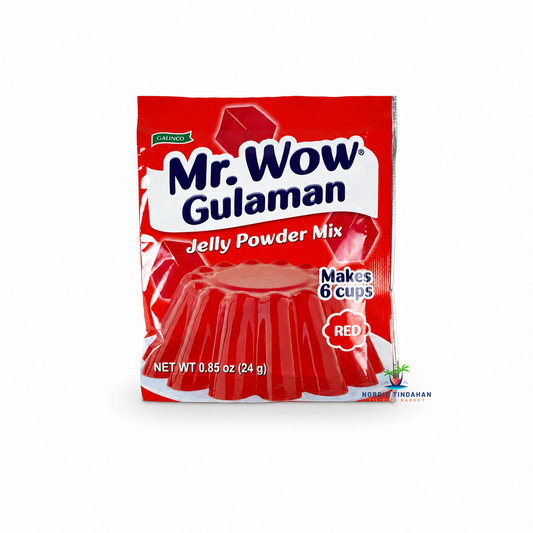 Prepare vibrant Filipino-style jelly desserts with Mr. Wow Gulaman Jelly Powder Mix Red 24g. This easy-to-use jelly mix makes up to 6 cups of smooth, firm red gulaman, ideal for halo-halo, fruit salads, party desserts, or enjoyed as a refreshing treat on its own. A quick and convenient way to make a colorful classic dessert.