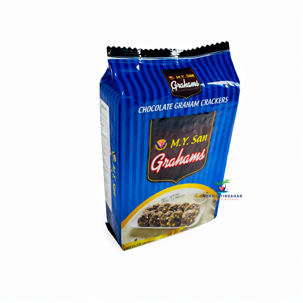 M.Y. San Grahams Chocolate Graham Crackers – crunchy chocolate-flavored graham crackers ideal for desserts, snacks, and baking.