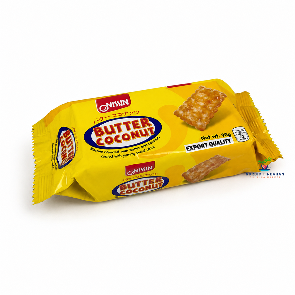Enjoy the delicious taste of Nissin Butter Coconut Biscuits 90g. Crispy biscuits blended with rich butter and coconut, coated with a sweet glaze for a satisfying snack with coffee, tea, or anytime cravings.