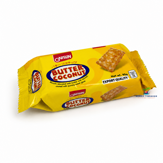 Enjoy the delicious taste of Nissin Butter Coconut Biscuits 90g. Crispy biscuits blended with rich butter and coconut, coated with a sweet glaze for a satisfying snack with coffee, tea, or anytime cravings.