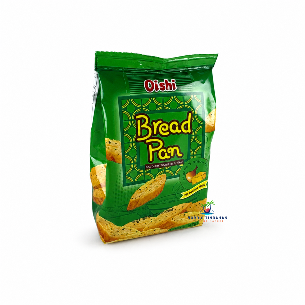 Enjoy the crispy crunch of Oishi Bread Pan Cheese & Onion Flavor 42g. These savoury toasted bread snacks are seasoned with a delicious blend of cheese and onion for a rich, satisfying taste. Perfect as a light snack anytime, with no added MSG and plenty of crunchy flavor in every bite.
