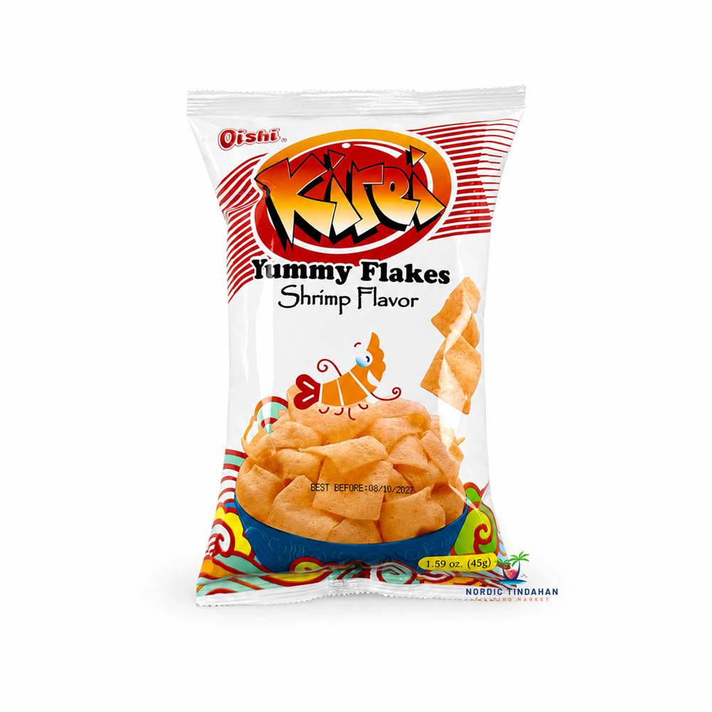 Enjoy the light, crispy crunch of Oishi Kirei Yummy Flakes Shrimp Flavor 45g. These thin, flaky shrimp-flavored snacks deliver a savory seafood taste and satisfying texture, making them perfect for snacking anytime. Great for sharing, lunchboxes, or enjoying straight from the bag.