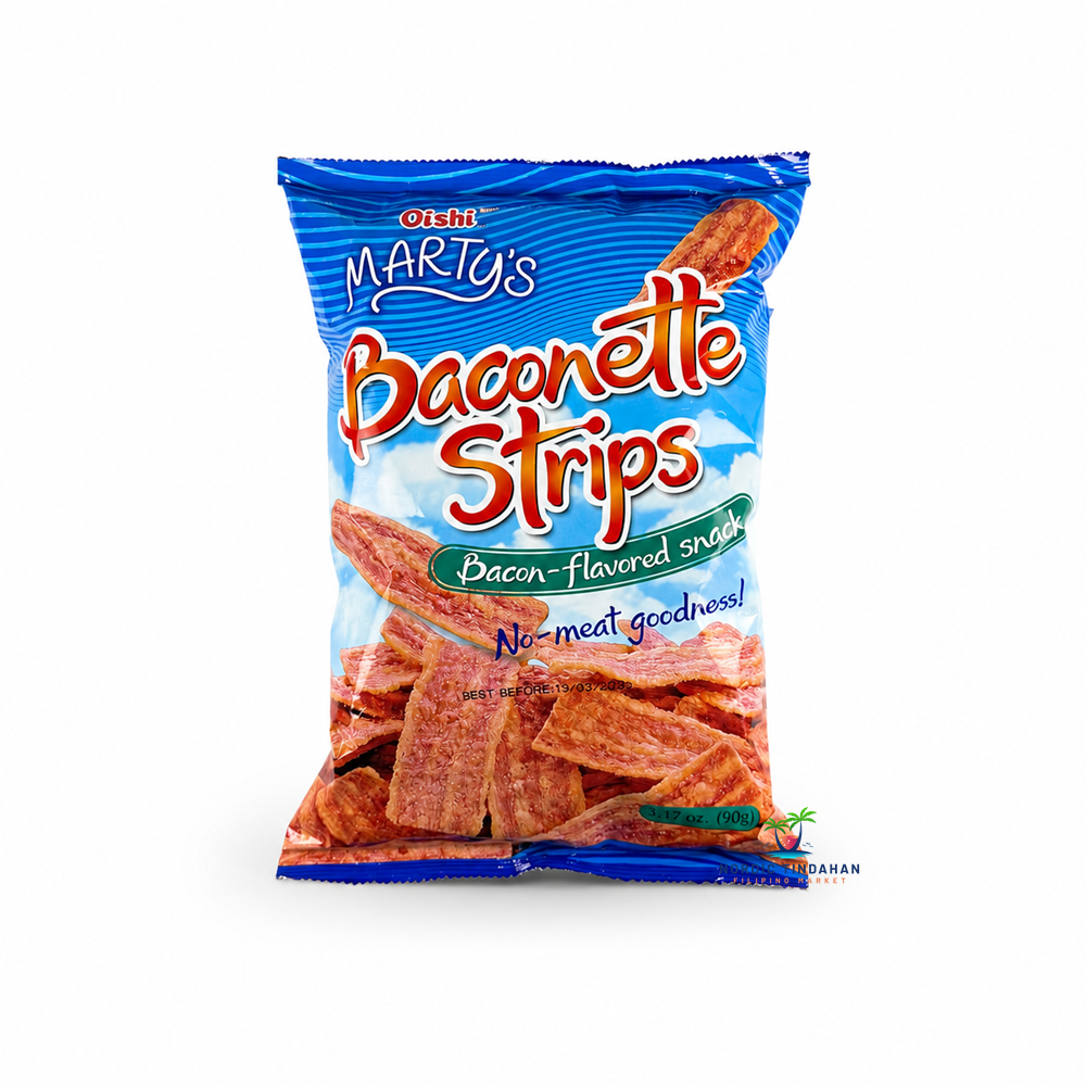 Enjoy the smoky, savory taste of Oishi Marty's Baconette Strips 90g. These crispy bacon-flavored snacks deliver the satisfying taste of bacon with a crunchy texture and no meat goodness, making them perfect for snacking anytime. Great for sharing, parties, or enjoying straight from the bag.