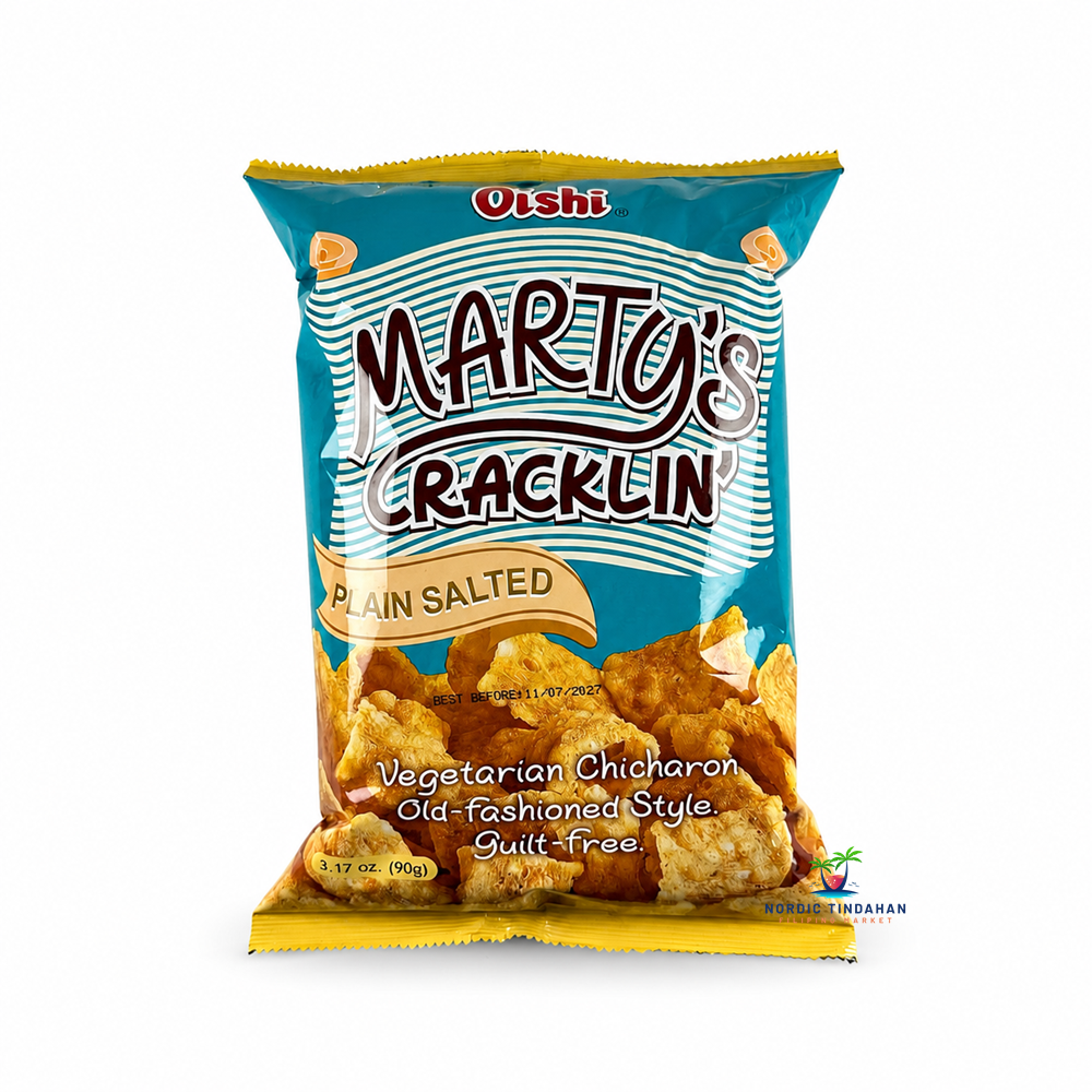 Enjoy the crispy, crunchy taste of Oishi Marty's Cracklin Plain Salted 90g. This popular vegetarian chicharon-style snack is lightly seasoned with salt for a classic savory flavor. Perfect for snacking anytime, sharing with friends, or enjoying as a guilt-free alternative to traditional pork cracklings.