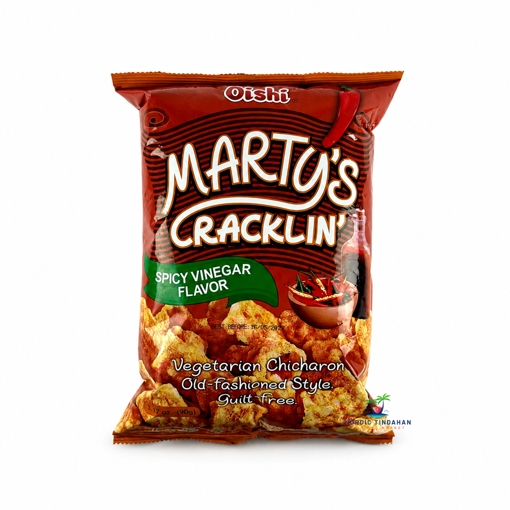 Enjoy the bold, tangy taste of Oishi Marty's Cracklin Spicy Vinegar Flavor 90g. This crispy vegetarian chicharon-style snack combines the classic crunch of cracklings with a spicy vinegar kick, making it a flavorful snack for any time of the day. Perfect for sharing or enjoying on the go.