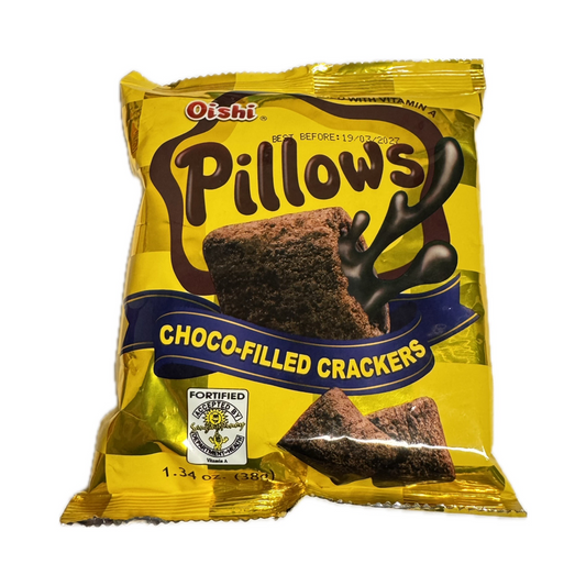 Oishi Pillows Choco-Filled Crackers 38g – crunchy snack crackers filled with chocolate