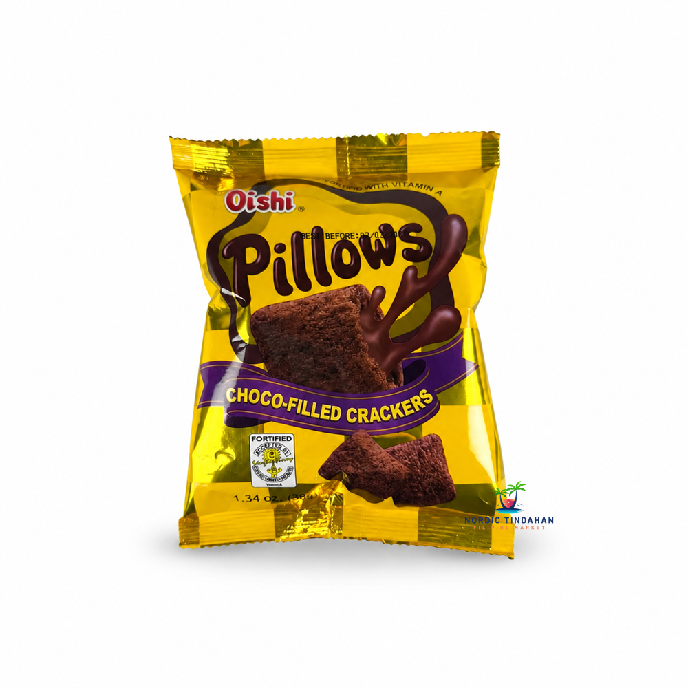 Oishi Pillows Choco-Filled Crackers are crispy, chocolate-filled Filipino crackers with a delicious chocolate center. A popular sweet snack, perfect for enjoying anytime.