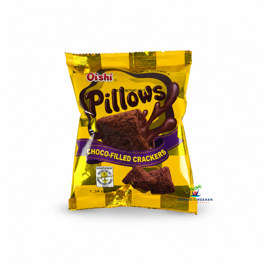 Oishi Pillows Choco-Filled Crackers are crispy, chocolate-filled Filipino crackers with a delicious chocolate center. A popular sweet snack, perfect for enjoying anytime.