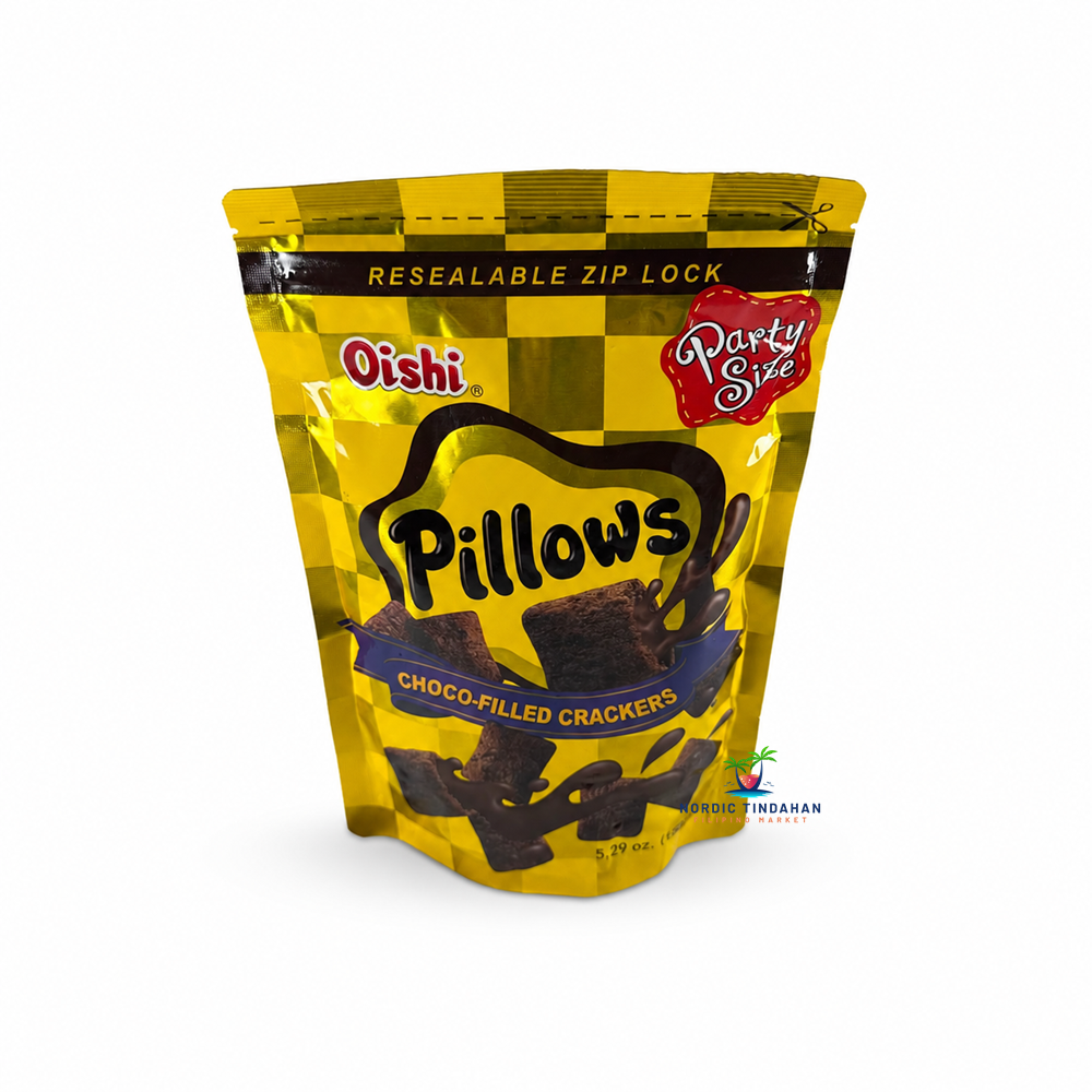 Enjoy the irresistible crunch of Oishi Pillows Choco-Filled Crackers Party Size. These crispy bite-sized pillow-shaped crackers are generously filled with rich chocolate cream, creating the perfect balance of crunchy texture and smooth chocolate flavor. The convenient resealable party-size pouch keeps the snacks fresh, making it ideal for sharing, movie nights, parties, or satisfying sweet cravings anytime.