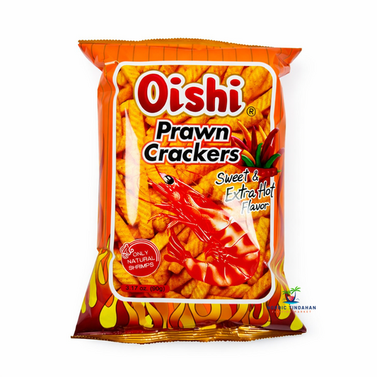 Oishi Prawn Crackers Sweet & Extra Hot 90g – crispy shrimp-flavored crackers with a sweet and spicy chili kick.