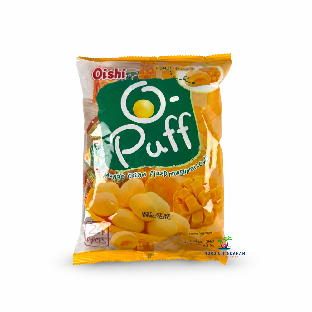 Oishi Puff Mango Cream Filled Marshmallows are soft, fruity marshmallow treats with a smooth mango cream filling. This 84g Filipino snack offers a sweet mango flavor and light, chewy texture, perfect for enjoying as a snack or dessert.
