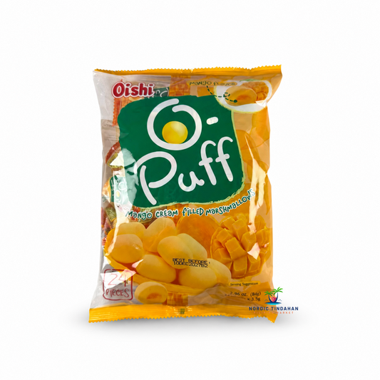 Oishi Puff Mango Cream Filled Marshmallows are soft, fruity marshmallow treats with a smooth mango cream filling. This 84g Filipino snack offers a sweet mango flavor and light, chewy texture, perfect for enjoying as a snack or dessert.