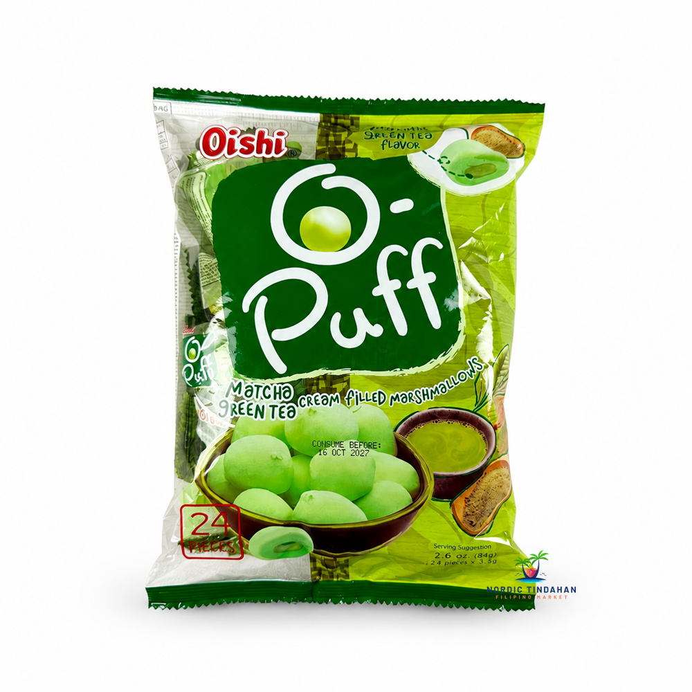 Oishi Puff Matcha Green Tea Cream-Filled Marshmallows are soft, fluffy marshmallows filled with a creamy matcha green tea-flavored center. A sweet Filipino snack perfect for enjoying on its own. Net weight 84g.