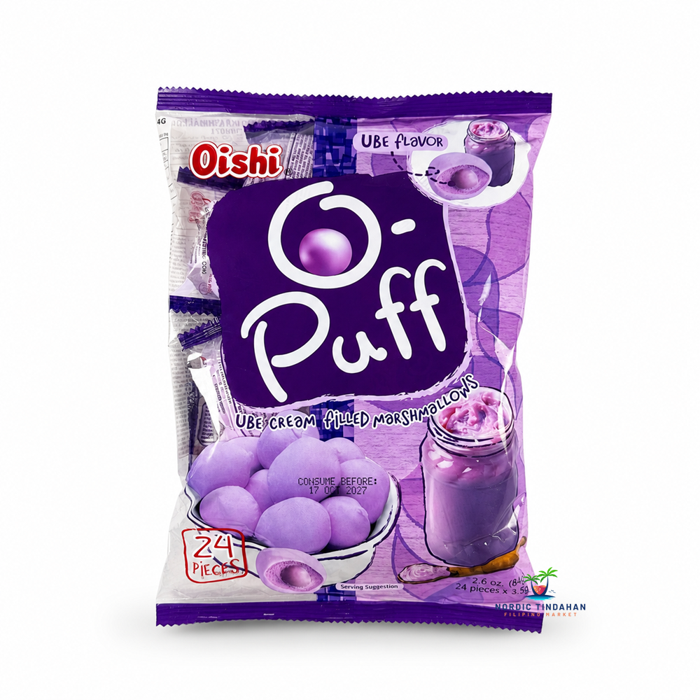 Oishi Puff Ube Cream-Filled Marshmallows are soft and fluffy marshmallows filled with creamy ube-flavored filling. A delicious Filipino sweet snack, perfect for enjoying on its own. Net weight 84g.