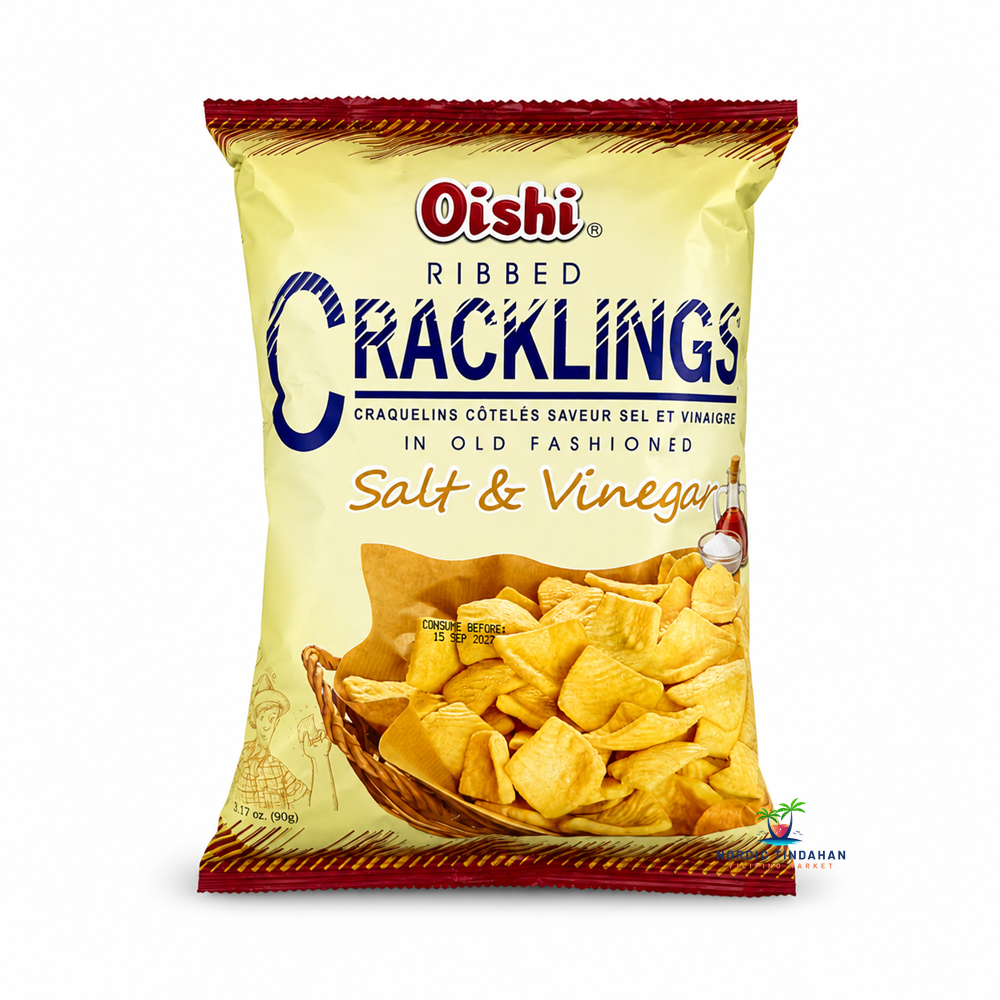 Enjoy the bold taste of Oishi Ribbed Cracklings Salt & Vinegar 90g. Crispy ridged crackling-style snacks with tangy vinegar and savory salt flavor, perfect for snacking anytime.