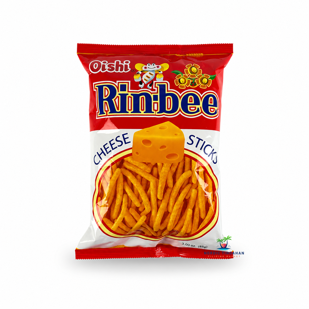 Enjoy the cheesy crunch of Oishi Rinbee Cheese Sticks 85g. These light, crispy corn sticks are coated with a rich cheese seasoning, making them a popular Filipino snack for sharing, lunchboxes, parties, or enjoying anytime.