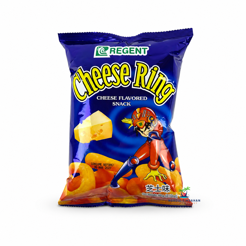 Enjoy the cheesy crunch of Regent Cheese Rings Cheese Flavored Snack 60g. These light and crispy corn rings are coated with a rich cheese seasoning, making them a classic Filipino snack that's perfect for sharing, parties, or everyday snacking.