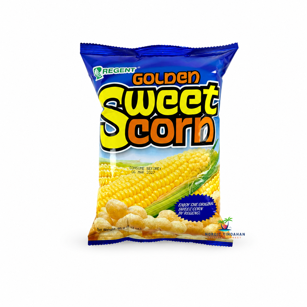 Enjoy the light, crunchy taste of Regent Golden Sweet Corn Snack 60g. These crispy corn puffs deliver a naturally sweet corn flavor, making them a delicious Filipino snack for sharing, lunchboxes, or enjoying anytime.