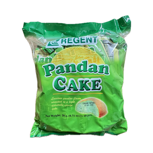 Pack of Regent pandan cakes, soft mini cakes with fragrant pandan flavor.
