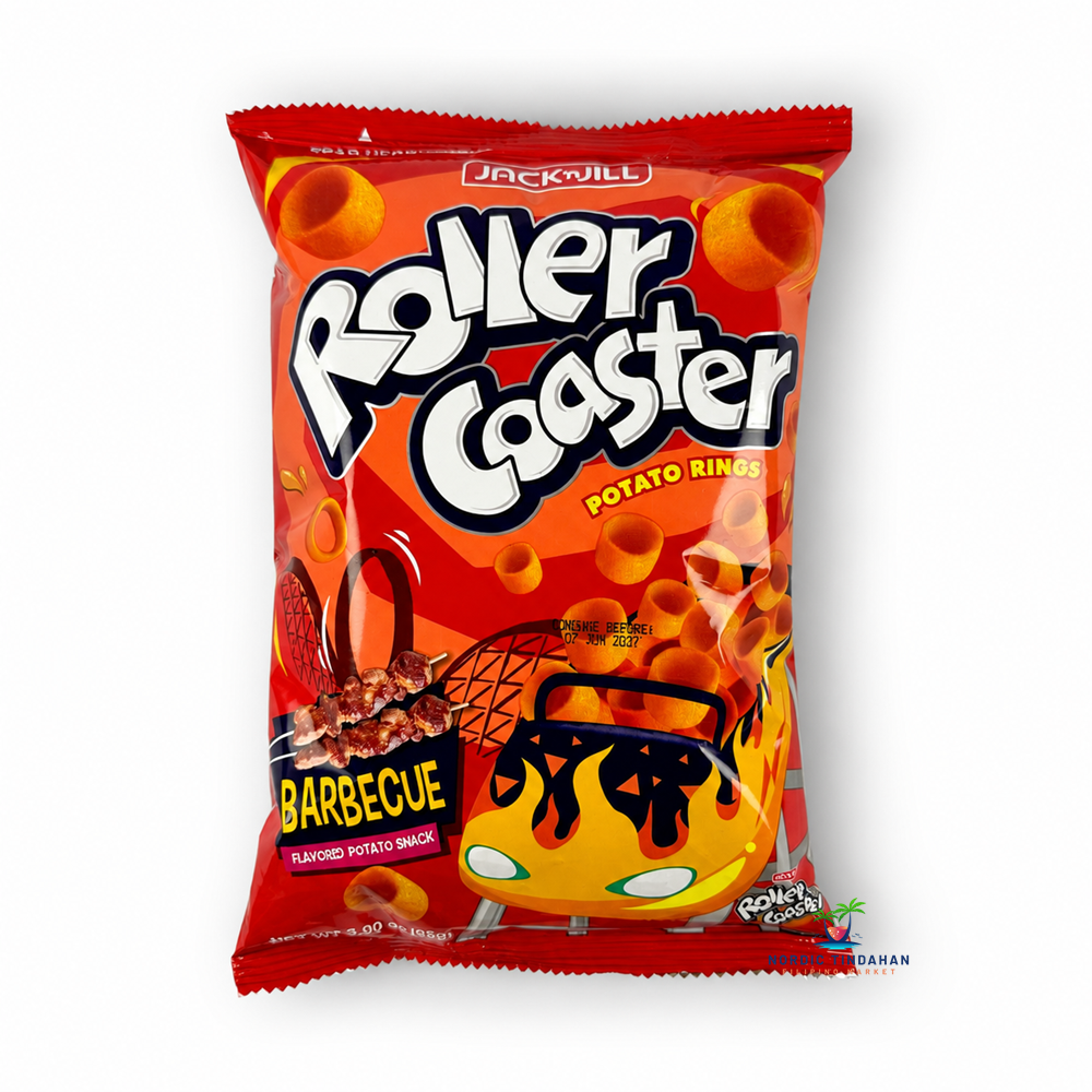 Enjoy the smoky and savory taste of Roller Coaster Potato Rings Barbecue Flavor 60g. Crunchy Filipino potato ring snack with delicious BBQ seasoning, perfect for snacking anytime.