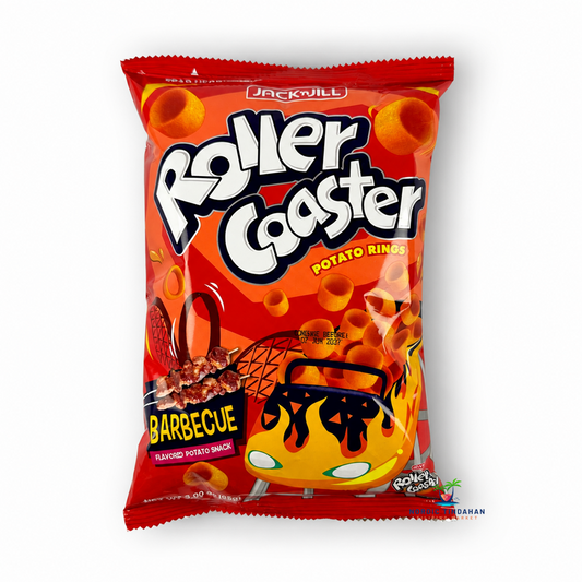 Enjoy the smoky and savory taste of Roller Coaster Potato Rings Barbecue Flavor 60g. Crunchy Filipino potato ring snack with delicious BBQ seasoning, perfect for snacking anytime.