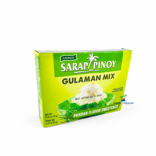 Sarap Pinoy Gulaman Pandan Jelly Mix 95g – pandan-flavored jelly powder for making traditional Filipino desserts with a sweet, aromatic taste.