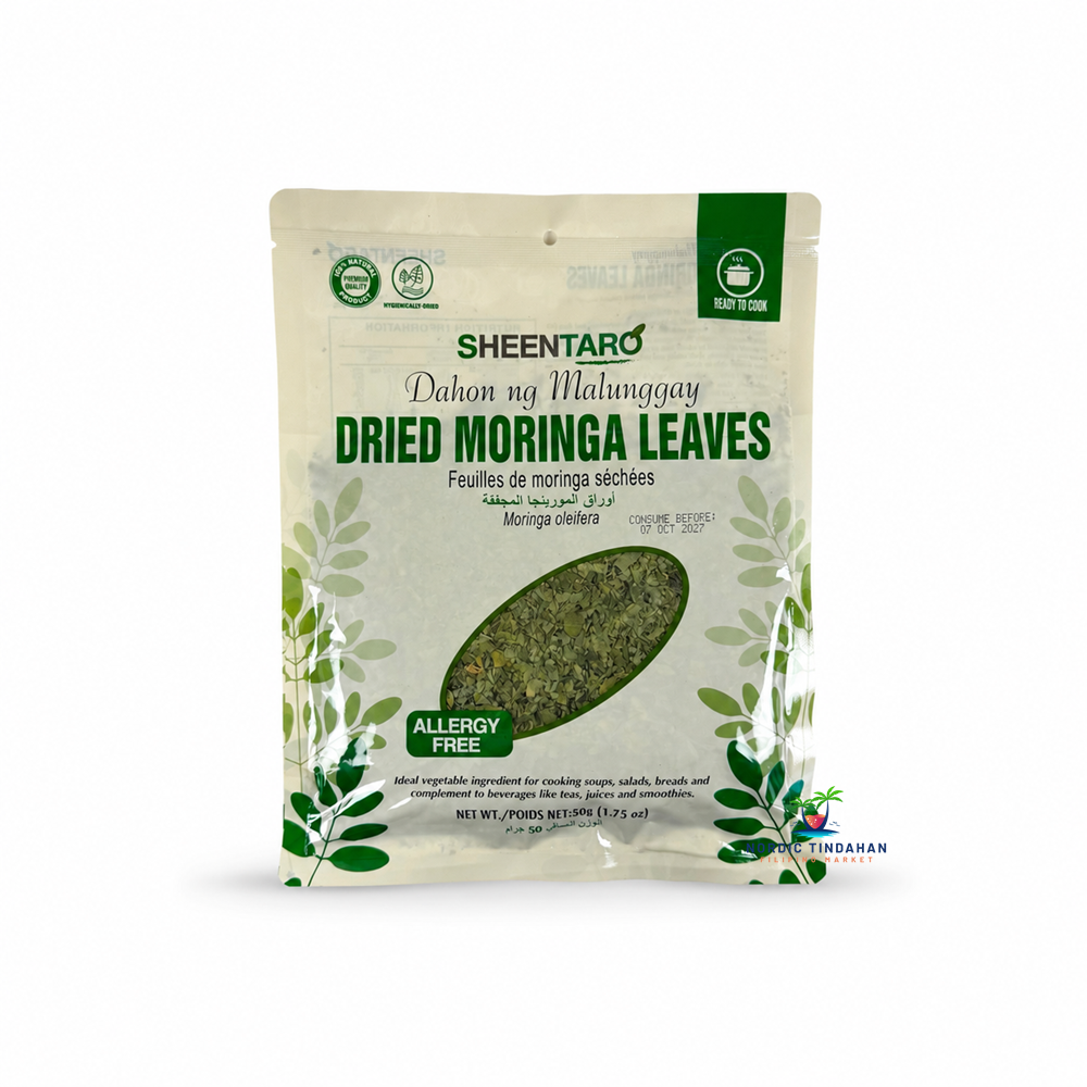 SheenTaro Dried Moringa Leaves 50g are premium-quality dried malunggay leaves, ready to cook and ideal for soups, stews, salads, teas, smoothies, and other healthy recipes. Naturally nutritious, allergy-free, and suitable for everyday cooking.