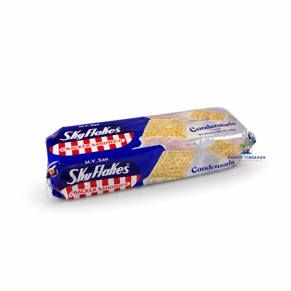 Enjoy M.Y. San SkyFlakes Condensada Cracker Sandwich, a delicious Filipino snack combining crispy crackers with a sweet, creamy condensada-flavored filling. Perfect for merienda, coffee breaks, lunchboxes, or sharing with family and friends.