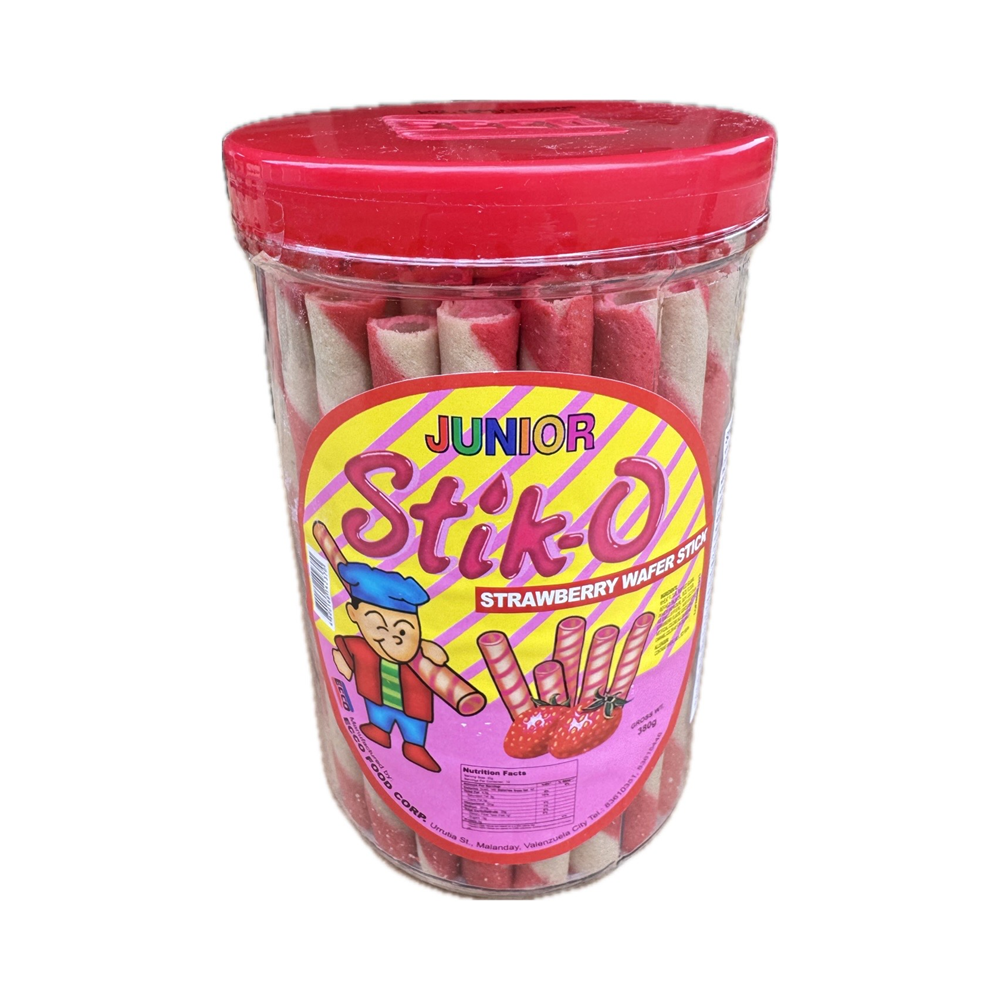 Stick-O Strawberry Wafer Stick 380g - crispy rolled wafer sticks filled with sweet strawberry cream flavor.