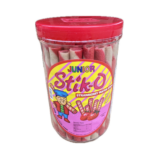 Stick-O Strawberry Wafer Stick 380g - crispy rolled wafer sticks filled with sweet strawberry cream flavor.