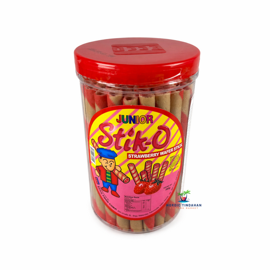 Stick-O Strawberry Wafer Stick 380g - crispy rolled wafer sticks filled with sweet strawberry cream flavor.