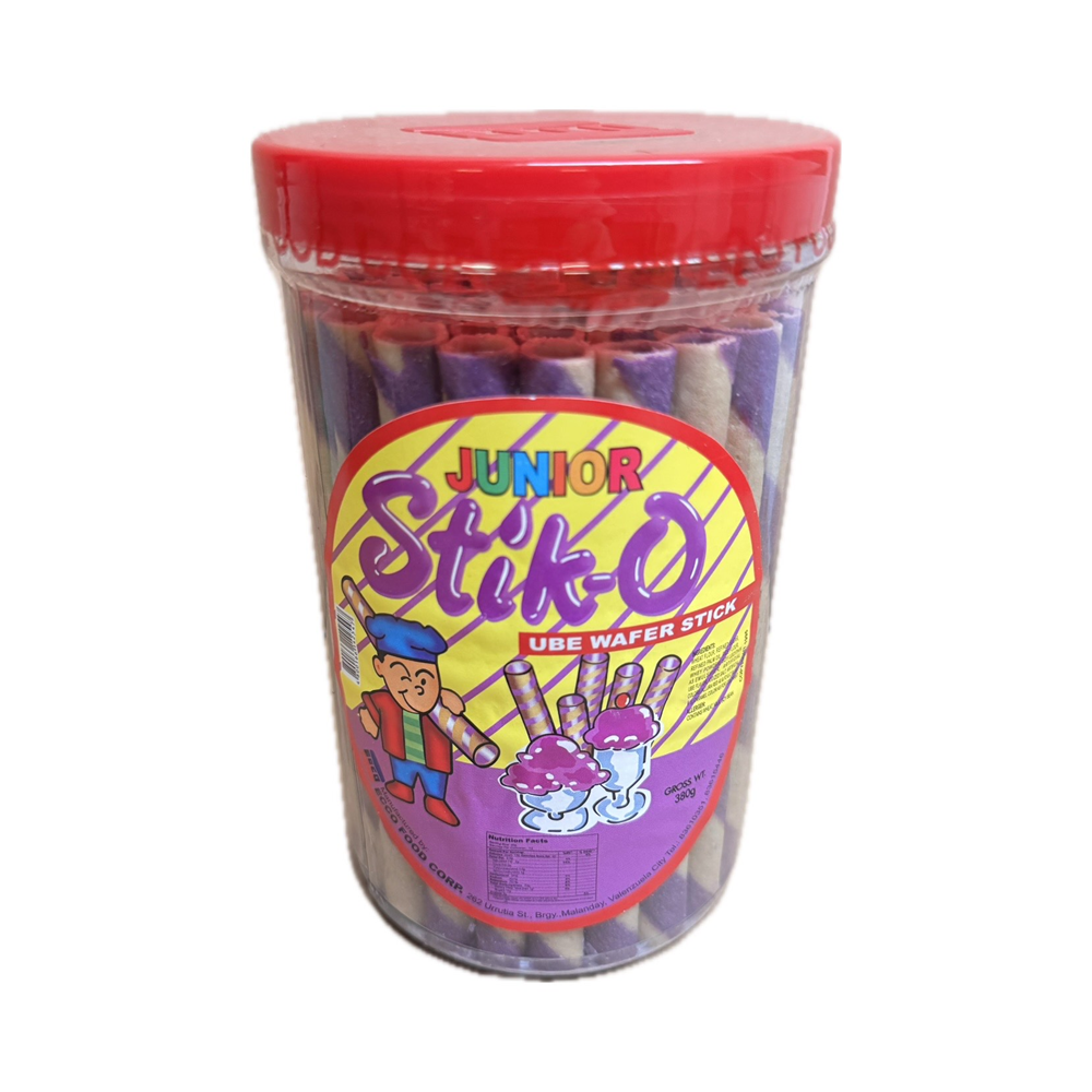Jar of Stick-O ube (purple yam) wafer sticks, sweet and colorful Filipino treat.