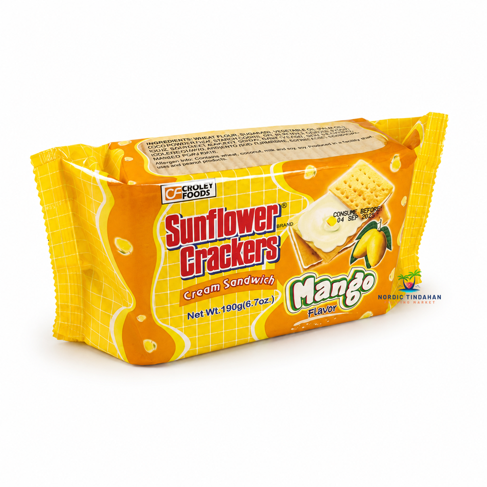 Enjoy the sweet tropical taste of Sunflower Crackers Mango Cream Sandwich 190g. Crispy sandwich crackers filled with creamy mango flavor, a delicious Filipino snack perfect for merienda and sharing.
