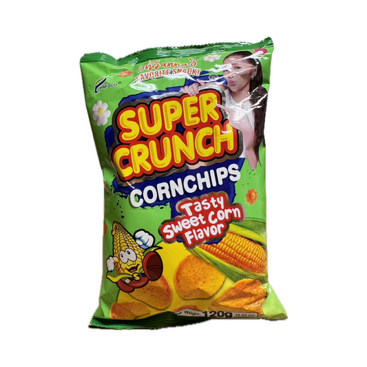 Super Crunch Corn Chips Sweetcorn Flavor 120g pack, crispy corn snack with sweetcorn taste, perfect for snacking