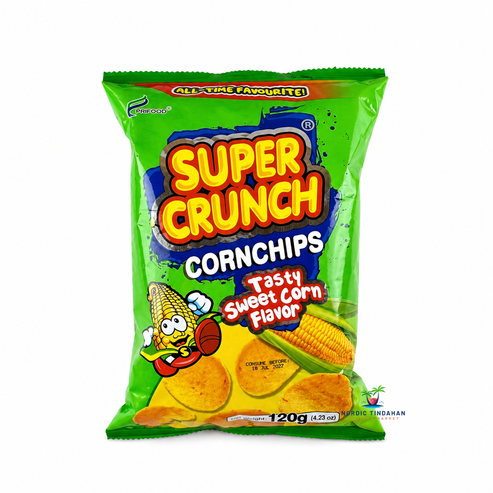 Super Crunch Corn Chips Sweetcorn Flavor 120g pack, crispy corn snack with sweetcorn taste, perfect for snacking