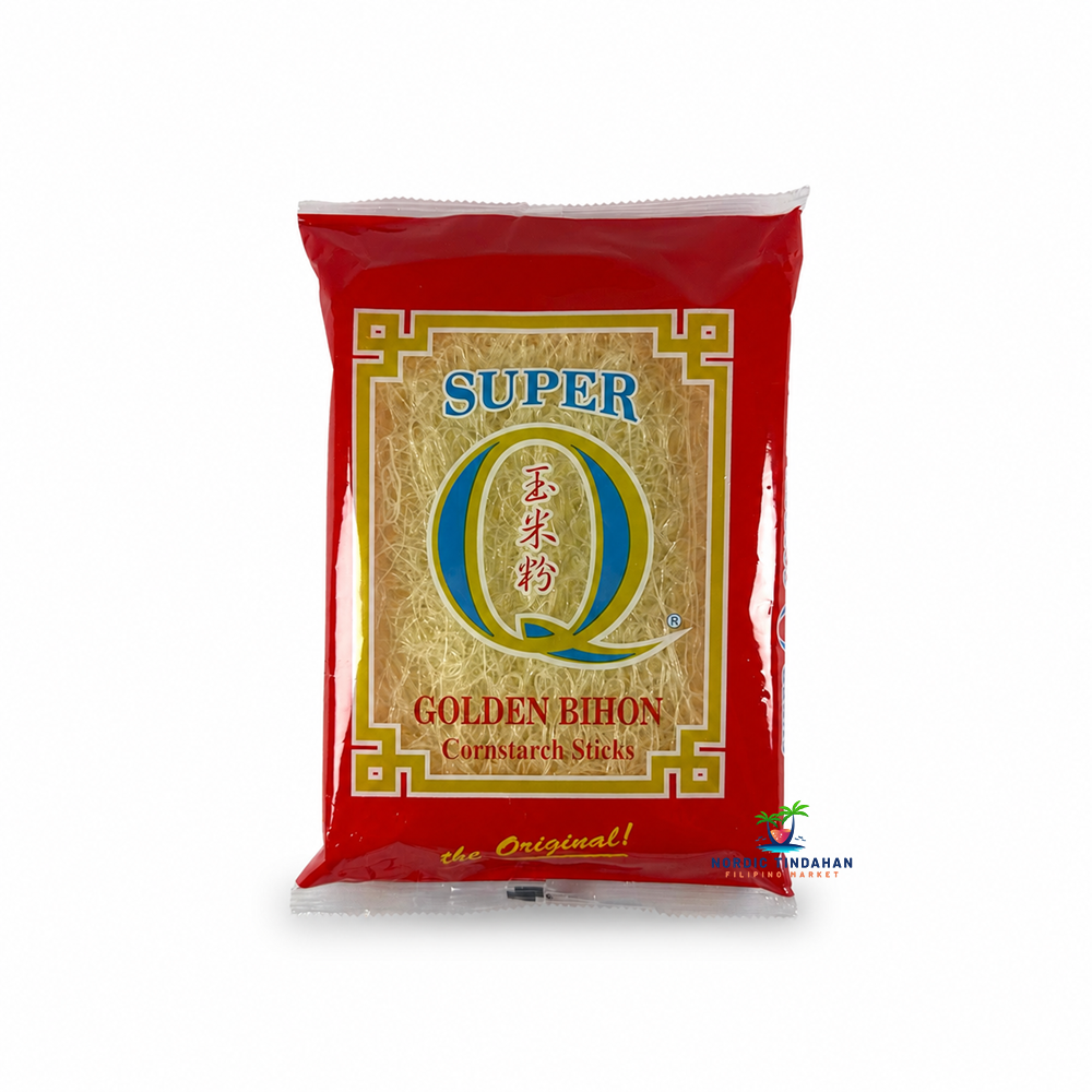Super Q Golden Bihon Cornstarch Sticks 227g are authentic Filipino bihon noodles made from cornstarch for a light, delicate texture that absorbs flavors beautifully. Perfect for Pancit Bihon, stir-fries, soups, and a variety of traditional Filipino and Asian noodle dishes.